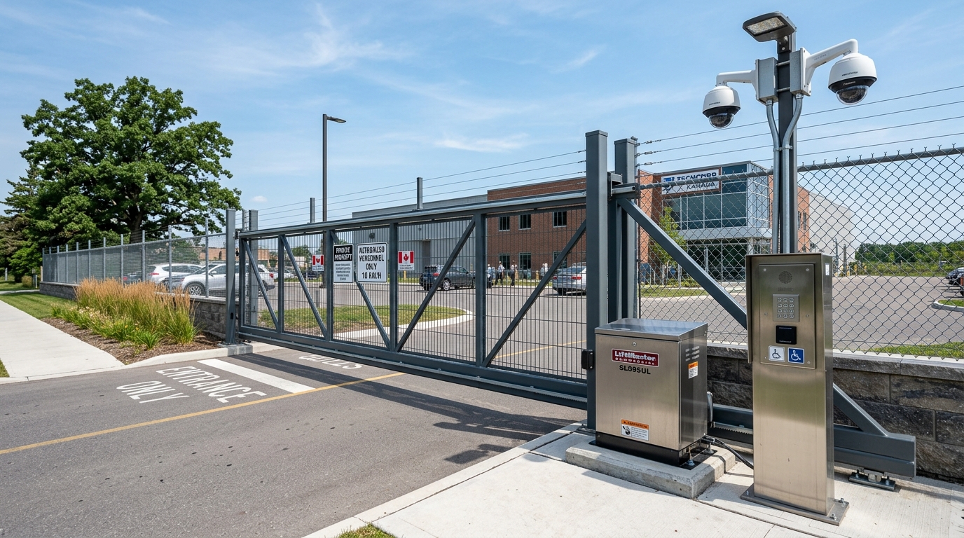 Commercial facility entrance with automated LiftMaster gate and access control pedestal